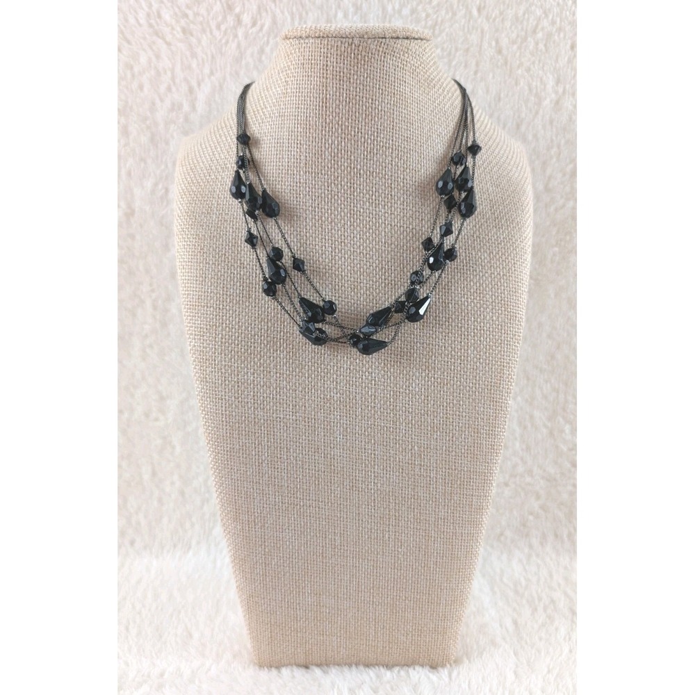 Icing Black Bead Layered Necklace Multi‎ Strand Faceted Glass Gunmetal Chain